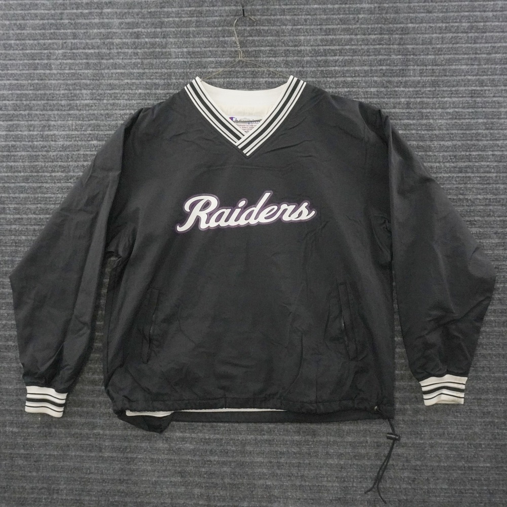 Vintage Champion Raiders Windbreaker Pullover Large Black Embroidered V-Neck